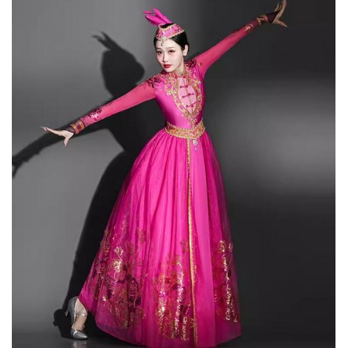 Fuchsia Chinese Xinjiang dance dresses for women girls Female adult Uyghur minority dance Repertoire art examination big swing skirt  with headdress